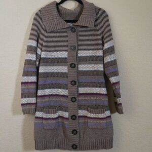 Vintage Old Navy Button Front Long Line Cardigan Lambswool XL Stripe Collar Y2K